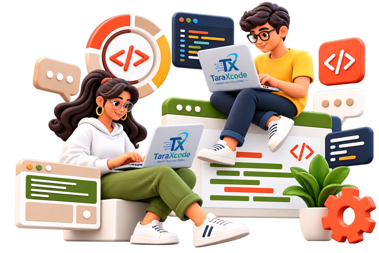 3D illustration of two developers building software together