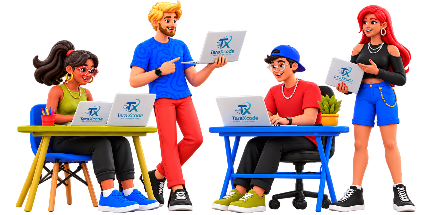 3D illustration of a collaborative technology team working with laptops