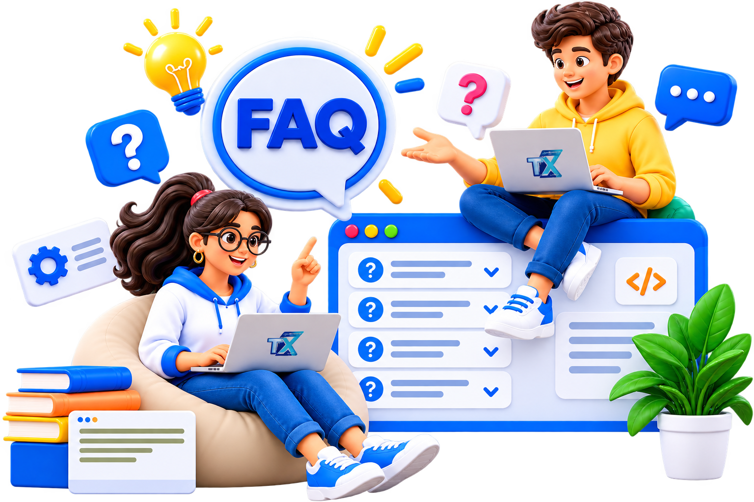3D illustration of TaraXcode team members answering technology questions